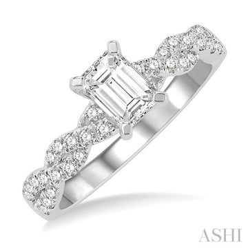 7/8 Ctw Twisted Shank Round Cut Diamond Engagement Ring With 1/2 Ct Emerald Cut Center Stone in 14K White Gold